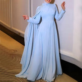 Elegant Muslim Hijab Evening Gown Sky Blue A-Line Chiffon with Beading Dubai Arabic Wedding Party Dress فساتين السهرة